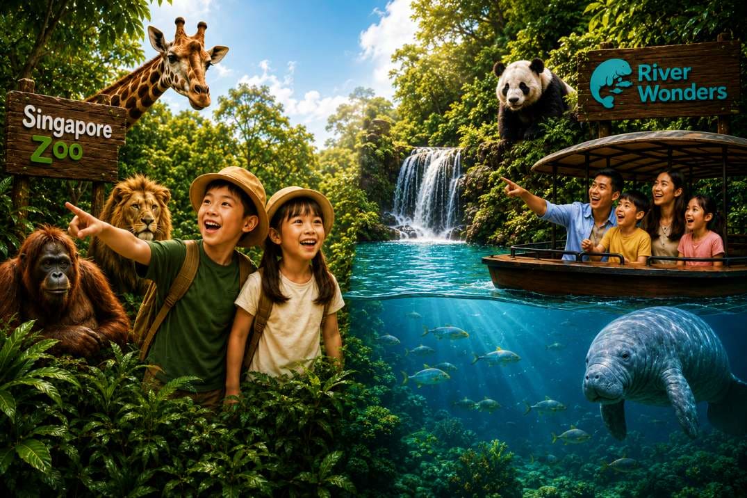 Family enjoying Singapore Zoo and River Wonders attractions with giraffe, lion, orangutan, panda, boat tour, and manatee wild